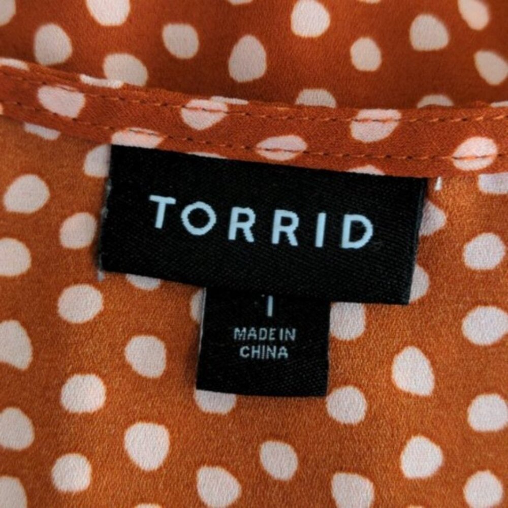 Torrid 1X Tunic Blouse Georgette Rusty Orange & Creamy Ivory White Polka Dots - Picture 8 of 9